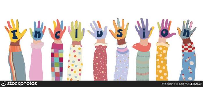 Concept of inclusion diversity equality. Group of painted hands of joyful happy multicultural kids and baby girls and boys.Colorful kids hands with smile.Preschool - school kindergarten