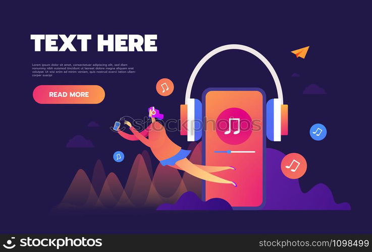 Concept of internet online music streaming listening, people relax listen. Music applications, playlist online songs. Music blog, vector Illustration. Concept of internet online music streaming listening, people relax listen. Music applications, playlist online songs. Music blog, vector Illustration.