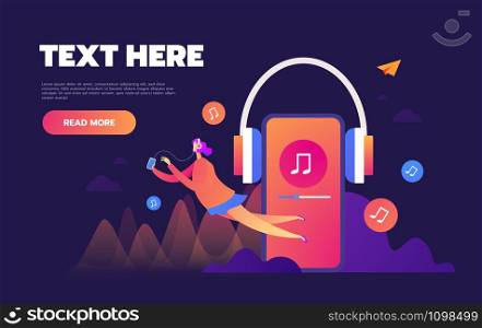 Concept of internet online music streaming listening, people relax listen. Music applications, playlist online songs. Music blog, vector Illustration. Concept of internet online music streaming listening, people relax listen. Music applications, playlist online songs. Music blog, vector Illustration.
