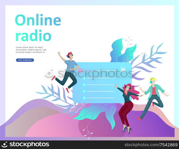 Concept of internet online radio streaming listening, people relax listen dance. Music applications, playlist online songs, radio station. Music blog, sound recording studio. Landing page template.. Concept of internet online radio streaming listening, people relax listen dance. Music applications, playlist online songs, radio station.