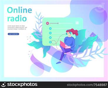 Concept of internet online radio streaming listening, people relax listen dance. Music applications, playlist online songs, radio station. Music blog, sound recording studio. Landing page template.. Concept of internet online radio streaming listening, people relax listen dance. Music applications, playlist online songs, radio station.