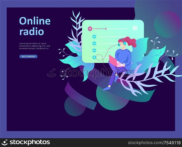 Concept of internet online radio streaming listening, people relax listen dance. Music applications, playlist online songs, radio station. Music blog, sound recording studio. Landing page template.. Concept of internet online radio streaming listening, people relax listen dance. Music applications, playlist online songs, radio station.