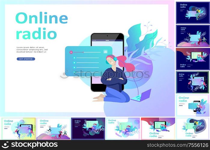Concept of internet online radio streaming listening, people relax listen dance. Music applications, playlist online songs, radio station. Music blog, sound recording studio. Landing page template.. 1Concept of internet online radio streaming listening, people relax listen dance. Music applications, playlist online songs, radio station. Music blog, sound recording studio