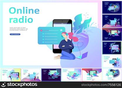 Concept of internet online radio streaming listening, people relax listen dance. Music applications, playlist online songs, radio station. Music blog, sound recording studio. Landing page template.. 1Concept of internet online radio streaming listening, people relax listen dance. Music applications, playlist online songs, radio station. Music blog, sound recording studio