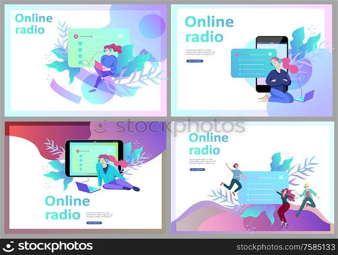 Concept of internet online radio streaming listening, people relax listen dance. Music applications, playlist online songs, radio station. Music blog, sound recording studio. Landing page template.. Concept of internet online radio streaming listening, people relax listen dance. Music applications, playlist online songs, radio station. Music blog, sound recording studio. Landing page