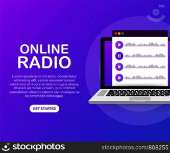Concept of internet online radio streaming listening, people relax listen dance. Music applications, playlist online songs, radio station. Vector stock illustration.