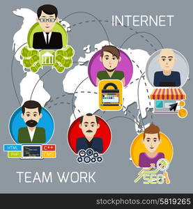 Concept of internet project business team of freelancers with investor, programmer, web designer, system administrator, link manager with interaction lines