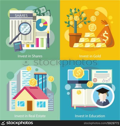 Concept of investment in education gold property. Finance business, wealth and money, financial bank, investing deposit, potential offer, invest market, banking economy development in flat design