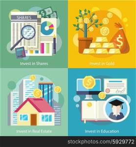 Concept of investment in education gold property. Finance business, wealth and money, financial bank, investing deposit, potential offer, invest market, banking economy development in flat design