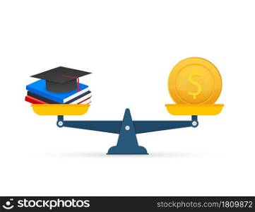 Concept of investment in education with coins books and scales. Vector stock illustration. Concept of investment in education with coins books and scales. Vector stock illustration.