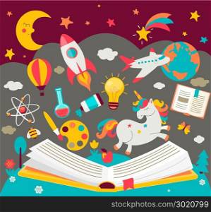 Concept of kids dreams while reading the book.. Concept of kids dreams while reading the book. hildrens imagination makes fairy tales real. Open book with many fabulous elements. Vector illustration in flat style.