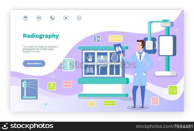Concept of landing page of medical website. Magnetic resonance imaging concept. Doctor looking at scan image of lungs. Radiography machine with scanning images of hand, teeth, eye, knee, ridge. Concept of landing page medical website, radiography concept, computer tomography, doctor with scan