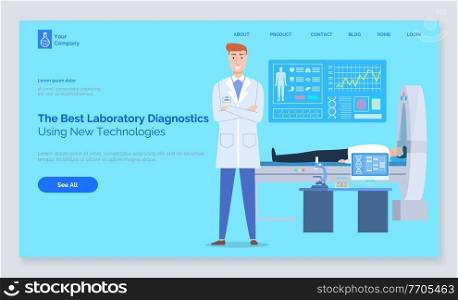 Concept of landing page of medical website. Magnetic resonance imaging concept. Laboratory diagnostics. Man lying at tomography machine. Smiling radiologist wearing medical gown. Using new technology. Landing page of medical website, laboratory diagnostics, doctor in medical gown, mri, radiology