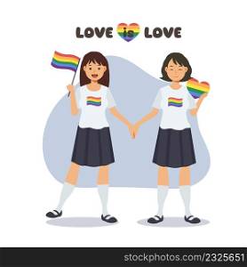 Concept of lgbt or bisexual couple or marriage, friendship, love and romance.Two happy young women celebrate pride month together.Flat Vector cartoon character illustration.