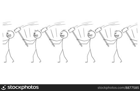 Concept of line of people hitting each other to head by hammer, vector cartoon stick figure or character illustration.. People Hitting Each Other to Head by Hammer , Vector Cartoon Stick Figure Illustration