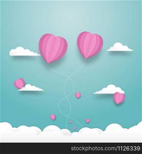 Concept of love. Heart balloons flying on the sky with cloudy. Valentine&rsquo;s day greeting card in paper cut style, Heart float on the sky, Vector illustration design