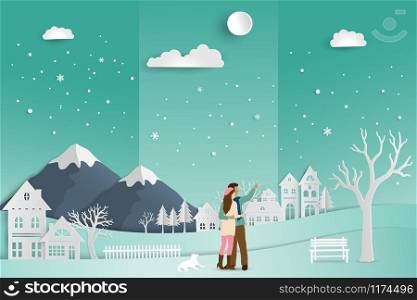 Concept of love in winter season,couple romance with countryside landscape on soft green background,vector illustration