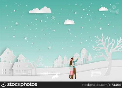 Concept of love in winter season,couple standing on snow with urban countryside landscape,vector illustration for Valentine's Day,Happy new year or Merry Christmas,paper art and craft style