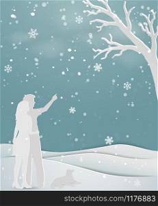 Concept of love in winter season on paper art scene abstract background,couple standing on snow with dog,for holiday,celebration party,Christmas or new year,vector illustration