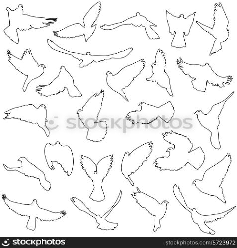 Concept of love or peace. Set of silhouettes of doves. Vector illustration.