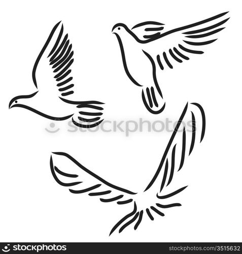 Concept of love or peace. Set of white vector doves.