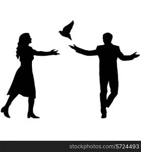 Concept of love or peace. Silhouettes girl and guy released doves into the sky. Vector illustration.