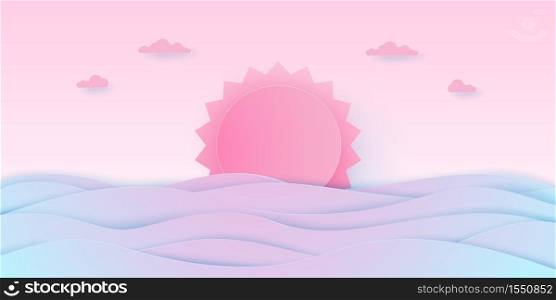 Concept of love, Seascape, cloudy sky with pink sun and sea, paper art style