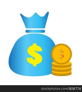 concept of money. stacks of coins and money bag. money bag and money on white background. money bag saving sign.