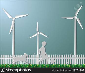 Concept of nature and eco friendly,child playing football with dog in the field,paper art style,vector illustration