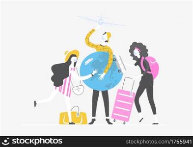 Concept of new normal traveling during a pandemic. Three people with luggage playing around a large ball in the shape of an earth. Flat vector.
