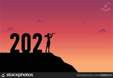 Concept of New Year 2021 and business development. Businesswoman with a telescope. Vision and look at the new business. Achievement. Success