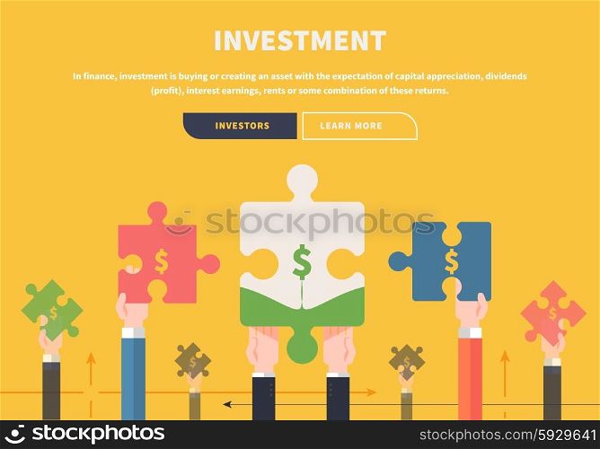 Concept of of business process, worlflow. Attraction of investments. People are holding puzzle in hands. For web design, analytics, graphic design and in flat design on colored background