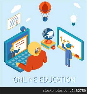 Concept of online education. Study distance by computing. Remotely and independently. Vector illustration. Online education