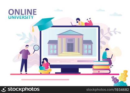 Concept of online education, technology and e-learning. University or college building on computer screen. Young students studying at home. People learning on laptops. Flat vector illustration. Concept of online education, technology and e-learning. University or college building on computer screen
