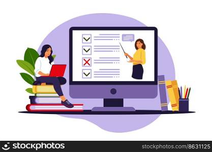 Concept of online exam on internet. Woman sitting near online form survey on laptop. Questionnaire, web learning, electronic voting. Vector illustration.