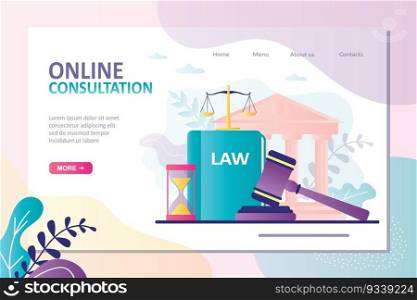 Concept of online legal advice. Legal assistance in court. Professional law attorney consultation online. Courthouse and scales on background. Landing page template. Trendy flat vector illustration