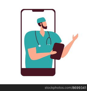 Concept of online medical consultation. Vector medical icon man doctor with folder. Image personal with stethoscope. Illustration Medic people avatar in a flat style.. Concept of online medical consultation. Vector medical icon man doctor with folder. Image personal with stethoscope. Illustration Medic people avatar in a flat style