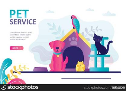Concept of pets care services and zooshop. Bringing puppy to grooming, veterinary service. Pet hotel, daycare and animal store. Landing page or website template. Trendy flat vector illustration. Concept of pets care services and zooshop. Bringing puppy to grooming, veterinary service. Pet hotel, daycare and animal store