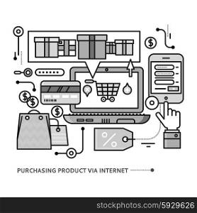 Concept of purchasing, delivery of product via internet. Thin, lines, outline icons elements of online shopping computer, mobile phone, online store, credit card on white background