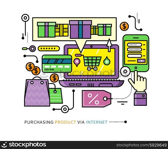 Concept of purchasing, delivery of product via internet. Stroke elements of online shopping computer, mobile phone, online store, credit card. For web site banners brochures on white background