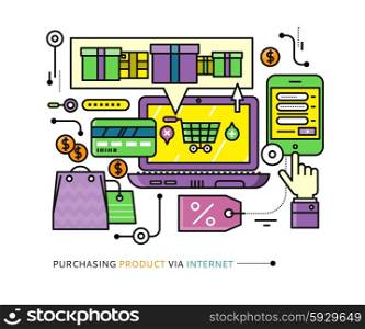 Concept of purchasing, delivery of product via internet. Stroke elements of online shopping computer, mobile phone, online store, credit card. For web site banners brochures on white background