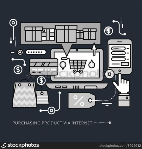Concept of purchasing, delivery of product via internet. Thin, lines, outline icons elements of online shopping computer, mobile phone, online store, credit card monochrome color on black