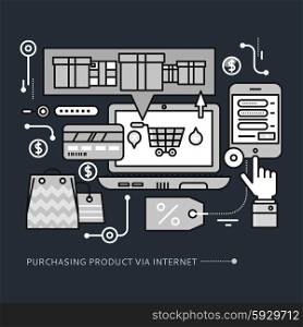Concept of purchasing, delivery of product via internet. Thin, lines, outline icons elements of online shopping computer, mobile phone, online store, credit card monochrome color on black