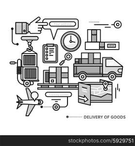 Concept of purchasing, delivery of product via internet. Thin, lines, outline icons elements of delivery service. Transportation chain aviation, customs, control, cars