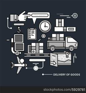 Concept of purchasing, delivery of product via internet. Thin, lines, outline icons black elements of delivery service. Transportation chain aviation, customs, control, cars on black color background