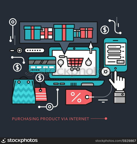 Concept of purchasing, delivery of product via internet. Thin, lines, outline icons elements of online shopping computer, mobile phone, online store, credit card color on black