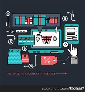 Concept of purchasing, delivery of product via internet. Thin, lines, outline icons elements of online shopping computer, mobile phone, online store, credit card color on black