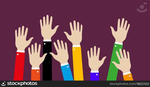 Concept of raised up hands. Education, business training concept. Flat vector illustration isolated on background.. Concept of raised up hands. Flat vector illustration isolated on background