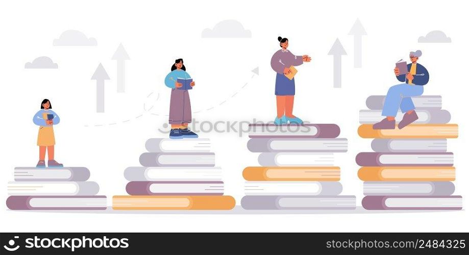Concept of reading books in lifespan from baby age to adult and old. Vector flat illustration of girl, teen, woman and granny standing on stack of books and read. Woman at different ages reading books