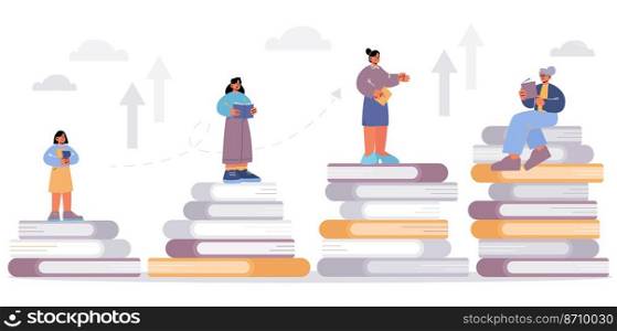 Concept of reading books in lifespan from baby age to adult and old. Vector flat illustration of girl, teen, woman and granny standing on stack of books and read. Woman at different ages reading books